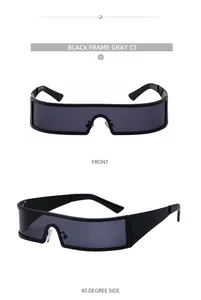 Vues de face et de profil de lunettes de soleil rectangulaires futuristes noires à verres gris