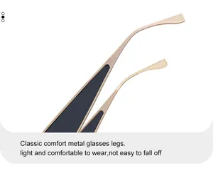 Detailed macro view of ergonomic gold metal temples with stylish navy blue side panels