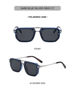 Polarized square sunglasses in dark blue frame with silver bridge and gray lenses