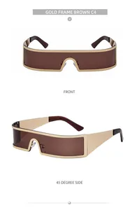Lunettes de soleil carrées futuristes en métal doré avec verre marron et vues de profil