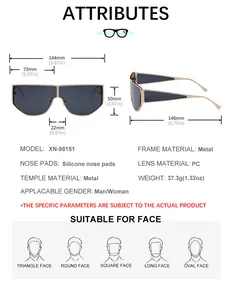 Detailed dimension chart showing metal punk sunglasses measurements and technical specs