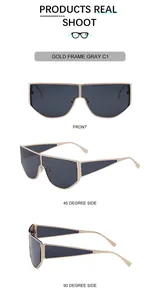 Three-angle view of gold-framed irregular shield sunglasses with grey punk lenses