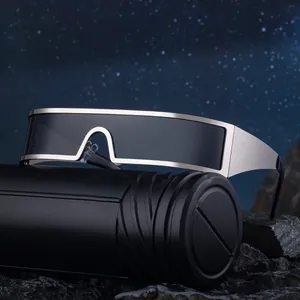 Lunettes de soleil futuristes en métal argenté à verre unique pour hommes avec verres