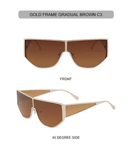 Front and 45-degree side views of gold punk sunglasses with brown gradient lenses