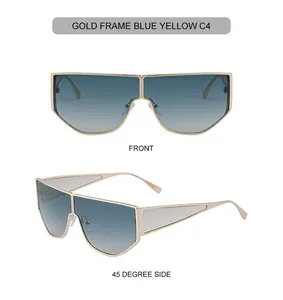 Front and 45-degree views of irregular gold metal sunglasses with blue-yellow gradient lenses