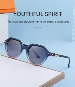 Detail of blue gradient square polarized sunglasses with elegant gold hinge accents