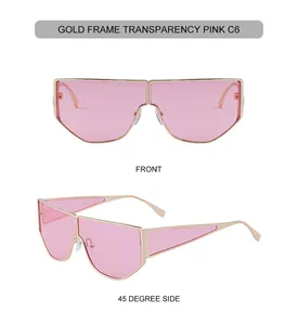 Front and side view of C6 punk sunglasses with gold metal frames and pink lenses