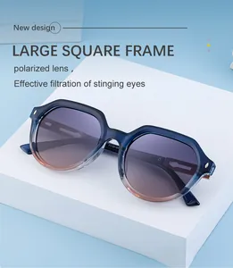 Detail of polarized purple gradient lenses in oversized square fashion frames