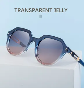 Detail of square polarized sunglasses with blue and pink gradient transparent jelly frames