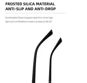Detail of slim metal sunglasses arm with frosted silicone anti-slip flower tips
