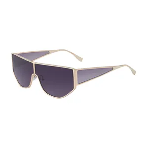 Modern irregular pentagon sunglasses with gold metal frame and dark gray lenses