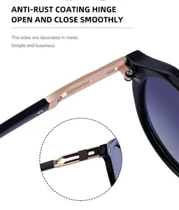 Detail showing anti-rust coating hinges and luxury metal accents on square sunglasses