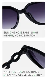 Détail des plaquettes en silicone et charnières métalliques sur lunettes de soleil œil-de-chat