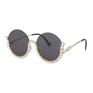 Schicke runde Halbrand Sonnenbrille mit Strasssteinen und goldenem Metallrahmen