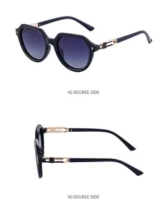 Detail view of square polarized sunglasses featuring hollow gold metal accents on temples
