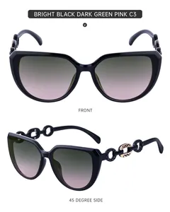 Détail de lunettes de soleil œil-de-chat avec branches chaîne dorée et verres dégradés