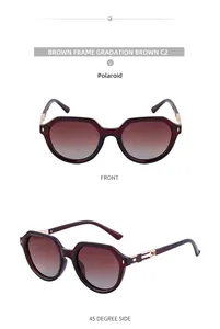 Detail view of square gradient brown sunglasses with gold hollowed-out metal hinges