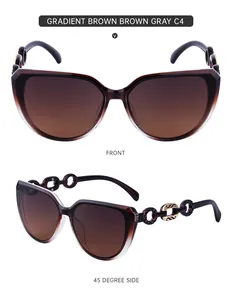 Détail de lunettes de soleil œil de chat dégradé marron avec accents de chaîne dorée