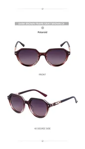Detail view of square polarized sunglasses with brown frames and gold metal hinges