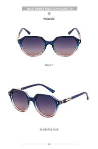 Square polarized sunglasses with blue gradient frames and golden metal temple details