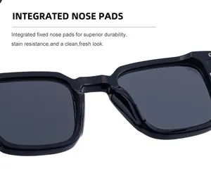 Détail des plaquettes de nez intégrées sur lunettes de soleil carrées noires pour le confort