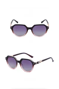 Detail view of square gradient purple sunglasses with metal cutout temple design