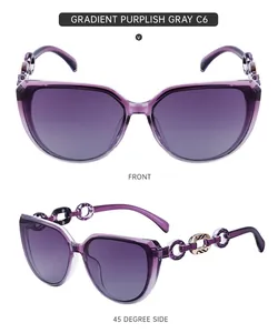 Détail des verres dégradés violets et des branches à chaîne sur lunettes de soleil