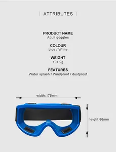 Detailed size specifications for blue dustproof and windproof protective goggles