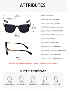 Guide des dimensions détaillées pour lunettes de soleil carrées polarisées avec spécifications