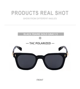 Vorderansicht der quadratischen schwarzen Polarisations-Sonnenbrille mit Goldnieten