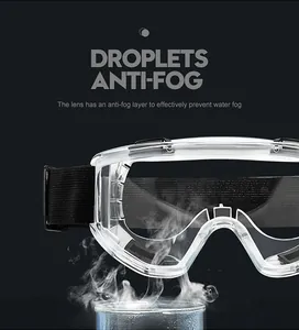Detail of transparent safety goggles showing the anti-fog lens performance and top vents