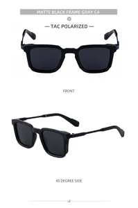 Vues de face et de côté de lunettes de soleil carrées noir mat avec verres polarisés TAC