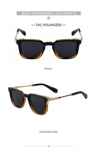 Vues de face et de côté de lunettes de soleil carrées polarisées en noir écaille et or