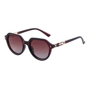 Fashion square polarized sunglasses with dark red frames and gold metal accents