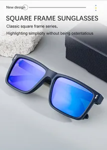 Detalle de gafas de sol cuadradas azul mate con lentes de espejo azul y plata
