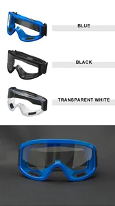 Close-up of windproof safety goggles in blue, black, and transparent white with adjustable straps