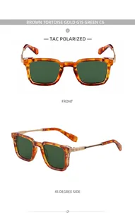 Détail de lunettes de soleil carrées écaille avec branches dorées et verres polarisés TAC