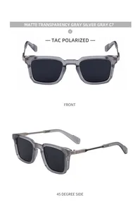 Détails de lunettes de soleil carrées polarisées avec monture gris mat et décor argenté