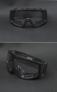 Detail of windproof safety goggles featuring black adjustable elastic headband and side vents