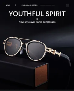 Detail of retro oval metal sunglasses with hollow step-structure gold and black temples