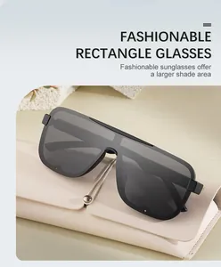 Fashionable rectangle sunglasses with grey polarized lenses and beige leather pouch