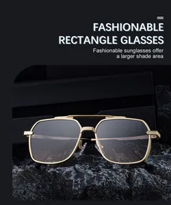 Detailed close-up of golden rectangular metal frame sunglasses with double bridge design