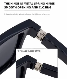 Detalle de la bisagra de resorte metálica en gafas de sol cuadradas polares