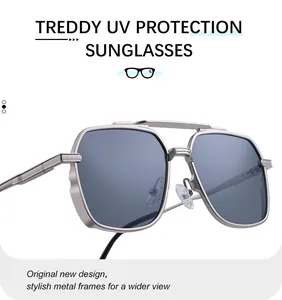 Close-up of silver metal double bridge aviator sunglasses with polarized grey lenses