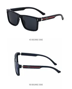 Vistas detalladas de gafas de sol cuadradas polarizadas con raya roja en las patillas