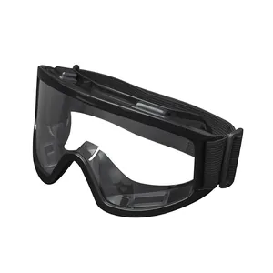 Black anti-fog safety goggles with clear lenses and adjustable strap on white background