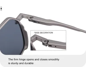 Detail of durable metal hinge on square frame sunglasses with smooth opening mechanism