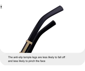 Detail of black temple legs with gold T-shaped metal hinge and anti-slip design