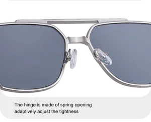 Detailed macro view of adaptive spring hinges on square frame double-bridge sunglasses