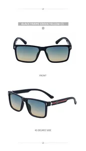 Detalle de gafas de sol cuadradas con montura negra y lentes degradadas azul-amarillo